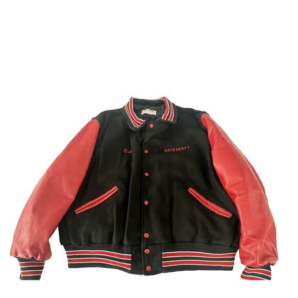 Vintage bomber Jacket DeLong Wool Sz 52 90s movie Backdraft 1991 Black Red Rare - Picture 1 of 12